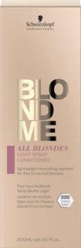 Schwarzkopf BLONDME All Blondes Light Spray Conditioner 200ml w jasnozłotym pudełku, widok z przodu.