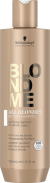 Złota butelka szamponu BLONDME All Blondes Detox Schwarzkopf 300ml, widok z przodu, do włosów blond.