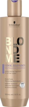 Złoty szampon Schwarzkopf BLONDME Neutralizing dla chłodnych blondów, butelka 300ml, widok z przodu.