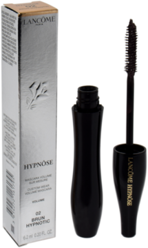 Lancôme Hypnôse 02 Braun Hypnotic, pogrubiający tusz do rzęs w srebrnym pudełku i otwarty z aplikatorem.