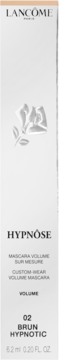Lancôme Hypnôse, białe opakowanie pogrubiającego tuszu do rzęs, 02 Brun Hypnotic, z logo róży, widok z przodu.