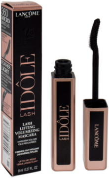 Lancôme Idôle Lash Volumizing Mascara: rose gold tube with open curved brush next to its black box.
