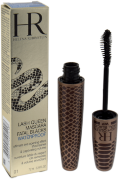 Otwarta wodoodporna maskara Helena Rubinstein Lash Queen Fatal Blacks obok pudełka z charakterystycznym wężowym wzorem.