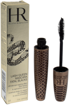 Helena Rubinstein Lash Queen Fatal Blacks mascara: złote pudełko i otwarta tubka ze wzorem węża, z czarną szczoteczką.