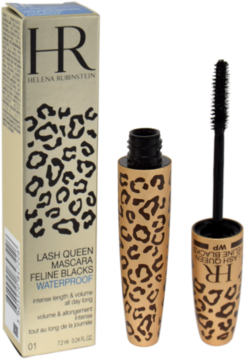 Helena Rubinstein Lash Queen Feline Blacks Waterproof mascara: pudełko i otwarta złota tuba z panterką oraz szczoteczką.