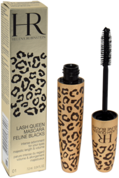Opakowanie i otwarty tusz Helena Rubinstein Lash Queen Feline Blacks, złoty z czarnym motywem lamparta.