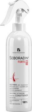 Seboradin Forte odżywka bez spłukiwania w białej butelce z atomizerem, wzmacnia i zagęszcza włosy.