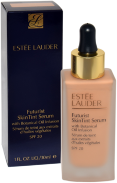 Estee Lauder Futurist SkinTint Serum SPF 20 w odcieniu Ivory Beige, butelka z pipetą i ciemne pudełko.