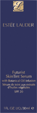 Estée Lauder Futurist Skin Tint Serum SPF 20, ciemnoniebieskie pudełko z logo i złotymi napisami, widok z przodu.
