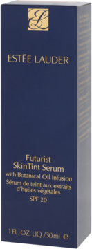Estee Lauder Futurist SkinTint Serum SPF 20, ciemnoniebieskie pudełko z gold logo i napisami, ujęcie frontalne.