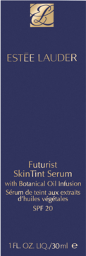 Estée Lauder Futurist Skin Tint Serum SPF 20, ciemnoniebieskie opakowanie ze złotymi napisami, widok z przodu.