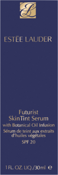 Ciemnoniebieskie opakowanie Estée Lauder Futurist Skin Tint Serum SPF 20, złote logo i napisy.