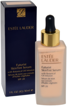 Estée Lauder Futurist SkinTint Serum SPF 20, butelka i pudełko 2N1 Desert Beige stojące obok siebie.