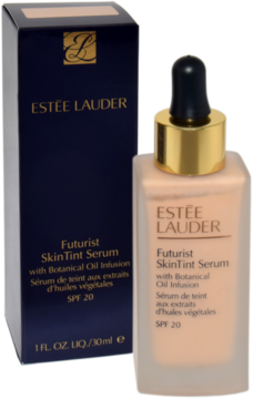 Estée Lauder Futurist SkinTint Serum SPF 20, butelka i pudełko 2N1 Desert Beige stojące obok siebie.