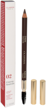 Clarins long-wearing eyebrow pencil 02 dark brown, with brush, beside white box and detached gold caps.