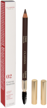 Clarins long-wearing eyebrow pencil 02 dark brown, with brush, beside white box and detached gold caps.