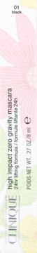 Pudełko maskary Clinique High Impact Zero Gravity 01 Black, .27oz/8ml, z tekstem pionowo na tle w kwiaty.