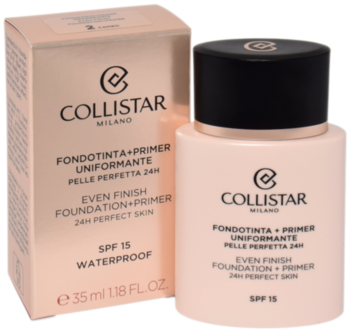 Collistar Even Finish Foundation + Primer SPF 15 w jasnobeżowej butelce i pudełku, widok pod kątem.