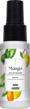 Anwen Mango Hair Oil for medium porosity, white bottle with black spray pump, frontal view with mango graphics.
