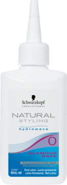 Schwarzkopf GLAMOUR WAVE płyn do trwałej nr 0, biała butelka z niebieską etykietą, widok z przodu.