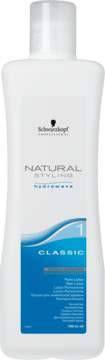 Biała butelka płynu Schwarzkopf Natural Styling Hydrowave Classic 1 do trwałej ondulacji, z niebieskim detalem, widok z przodu.