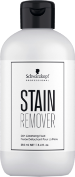 Biała butelka Schwarzkopf Professional Stain Remover Fluid do oczyszczania skóry, czarna nakrętka, widok z przodu.