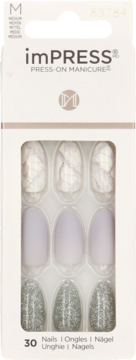 imPRESS Press-On Manicure: pudełko z 30 sztucznymi paznokciami, wzory: marmurowy, lawendowy, srebrny brokat.