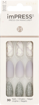 imPRESS Press-On Manicure: pudełko z 30 sztucznymi paznokciami, wzory: marmurowy, lawendowy, srebrny brokat.