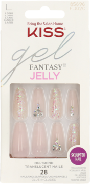 Opakowanie sztucznych paznokci Kiss Gel Fantasy Jelly, półprzezroczyste, pudrowy róż, z brokatem i kryształkami.
