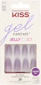 Opakowanie sztucznych paznokci KISS Gel Fantasy Jelly Color, transparentne, fioletowe, sculpted, 28 sztuk.
