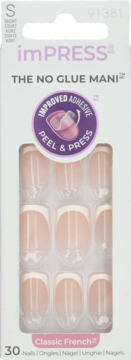 imPRESS The No Glue Mani, 30 krótkich paznokci Classic French w opakowaniu, widok z przodu.