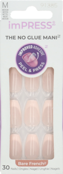imPRESS Bare French press-on nails, 30 sztuk, nude z białymi końcówkami, no glue mani, front opakowania.