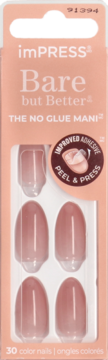 imPRESS Bare but Better beżowe paznokcie press-on, 30 sztuk, "No Glue Mani", opakowanie z przodu.