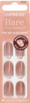 imPRESS Bare but Better sztuczne paznokcie w beżowym opakowaniu, z widocznymi 6 nude paznokciami, no glue.