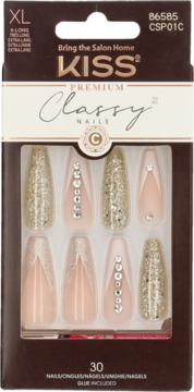 Opakowanie sztucznych paznokci Kiss Classy Nails XL, french, złoty brokat i cyrkonie, widok z przodu.