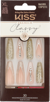Opakowanie sztucznych paznokci Kiss Classy Nails XL, french, złoty brokat i cyrkonie, widok z przodu.