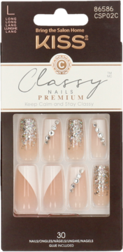 Front opakowania Kiss Classy Nails: długie sztuczne paznokcie nude z brokatem, french i cyrkoniami.