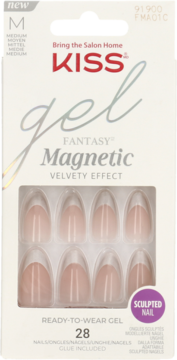 KISS Gel Fantasy Magnetic: białe pudełko z 28 sztucznymi paznokciami french o aksamitnym efekcie.