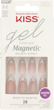 KISS Gel Fantasy Magnetic: białe pudełko z 28 sztucznymi paznokciami french o aksamitnym efekcie.