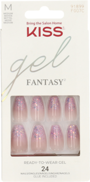 KISS Gel Fantasy, 24 light pink ombre gel press-on nails with iridescent glitter in a white box.