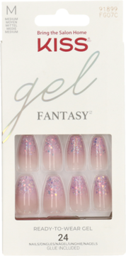 KISS Gel Fantasy, 24 light pink ombre gel press-on nails with iridescent glitter in a white box.