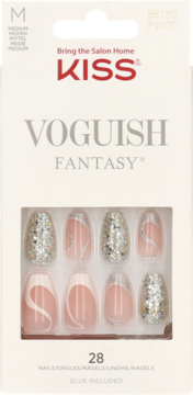 KISS Voguish Fantasy press-on nails: nude with white swirls and silver glitter, 28 pieces, frontal view.