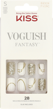 KISS Voguish Fantasy sztuczne paznokcie S: białe, krótkie, ze złotym brokatem i liniami, na froncie opakowania.