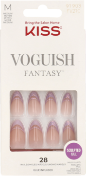 Kiss Voguish Fantasy press-on nails, 28 sztuk, nude z fioletowym francuskim końcem i brokatem, widok z przodu.