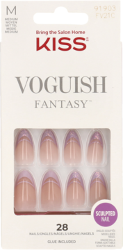 Kiss Voguish Fantasy press-on nails, 28 sztuk, nude z fioletowym francuskim końcem i brokatem, widok z przodu.