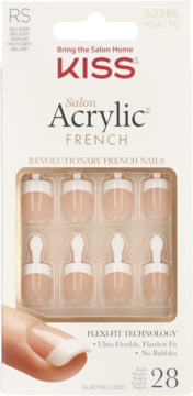 KISS Salon Acrylic French, 28 beżowo-białych sztucznych paznokci w białym pudełku, widok z przodu.