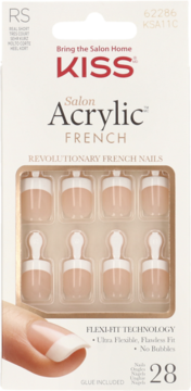 KISS Salon Acrylic French, 28 beżowo-białych sztucznych paznokci w białym pudełku, widok z przodu.