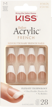 Opakowanie sztucznych paznokci Kiss Salon Acrylic French, beżowe z białym frenchem, 28 sztuk, widok z przodu.