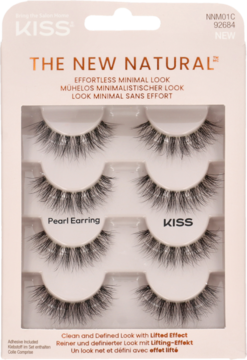 Opakowanie KISS The New Natural, 4 pary sztucznych rzęs Pearl Earring, z przodu, różowe tło.