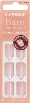imPRESS Bare but Better press-on nails, light pink, 30 pieces, "no glue" mani, improved adhesive, front view.